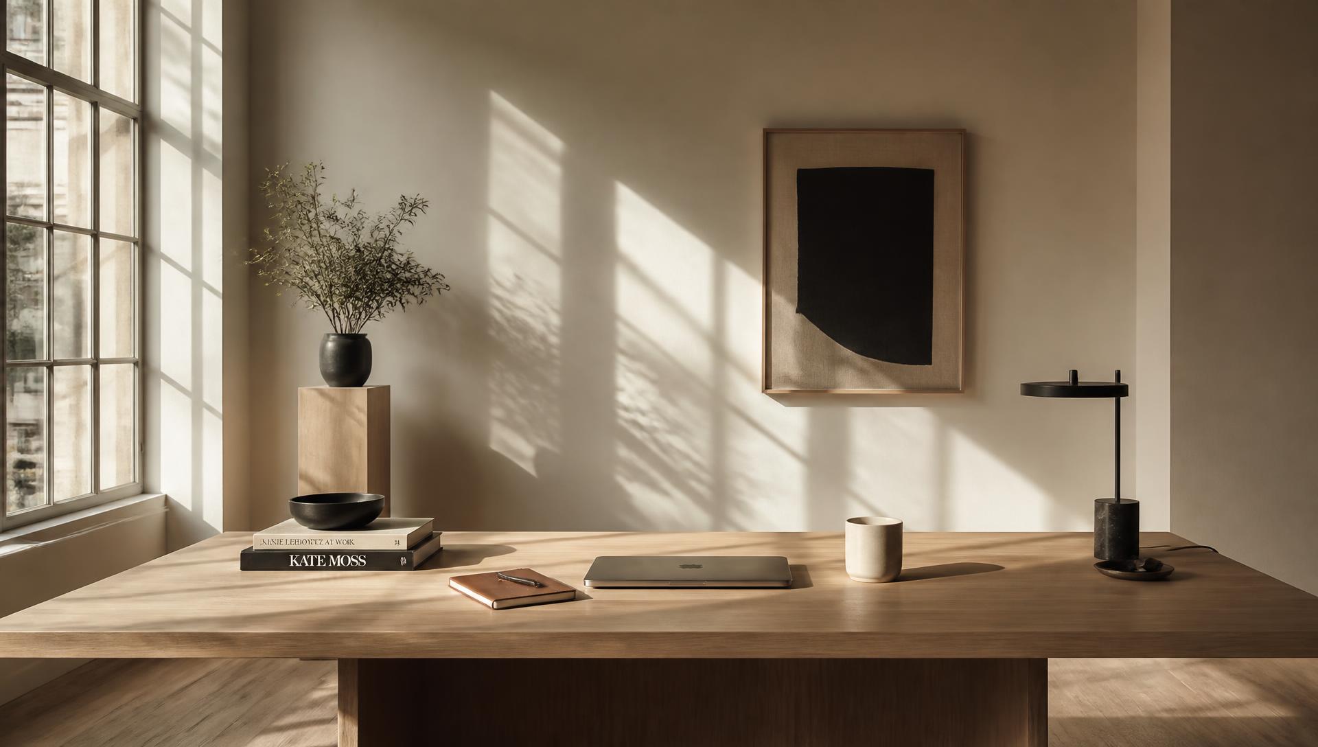 Bureau minimaliste en chêne clair baigné de lumière naturelle : MacBook fermé, carnet en cuir et tasse en céramique