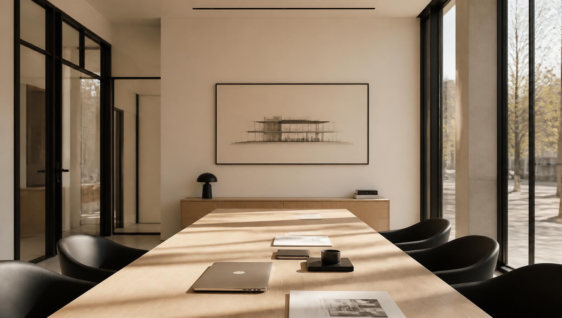 Salle de réunion épurée avec longue table en chêne, chaises design et documents soigneusement disposés